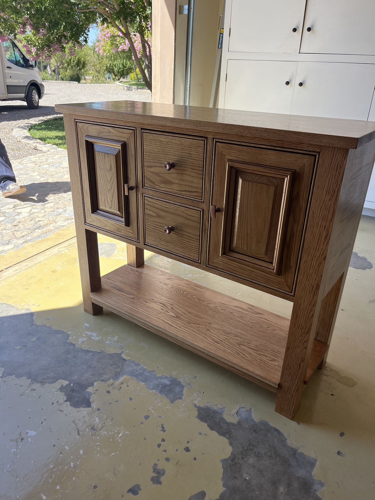Freshly stained oak console cabinet in Los Olivos, CA